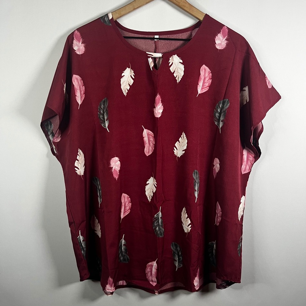 Boutique Blouse Women 3XL Red Feather Print Round Neck Short‎ Sleeve Shirt Boho